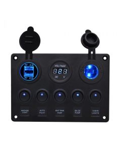 2-Row Switch Panel with Round Rocker Switch and dual USB outlets and voltmeter and indicators