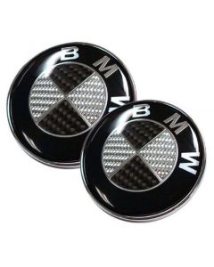 2PCS New BMW Logo Carbon Fiber EMBLEM 82mm+74mm FRONT HOOD & REAR TRUNK 2 Pins BADGE SYMBOL