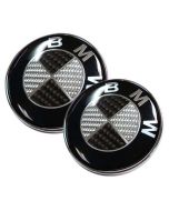 2PCS New BMW Logo Carbon Fiber EMBLEM 82mm+74mm FRONT HOOD & REAR TRUNK 2 Pins BADGE SYMBOL