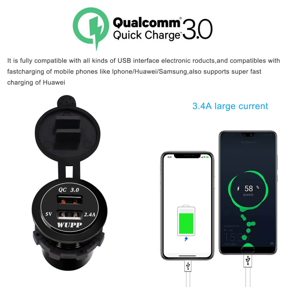 5.8A Dual USB Aluminium Power Adapter QC 3.0 USB outlet power socket charger